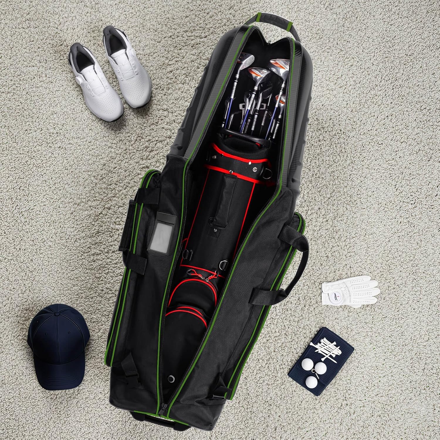 Golf Travel Bags for Airlines with Carbon Fiber Hard Top, Protective Club Traveling Cover with Wheel, Golf Club Carrier Case for Airplanes, Thick Padding, Durable Zippers and 2 Sided Spacious Pockets
