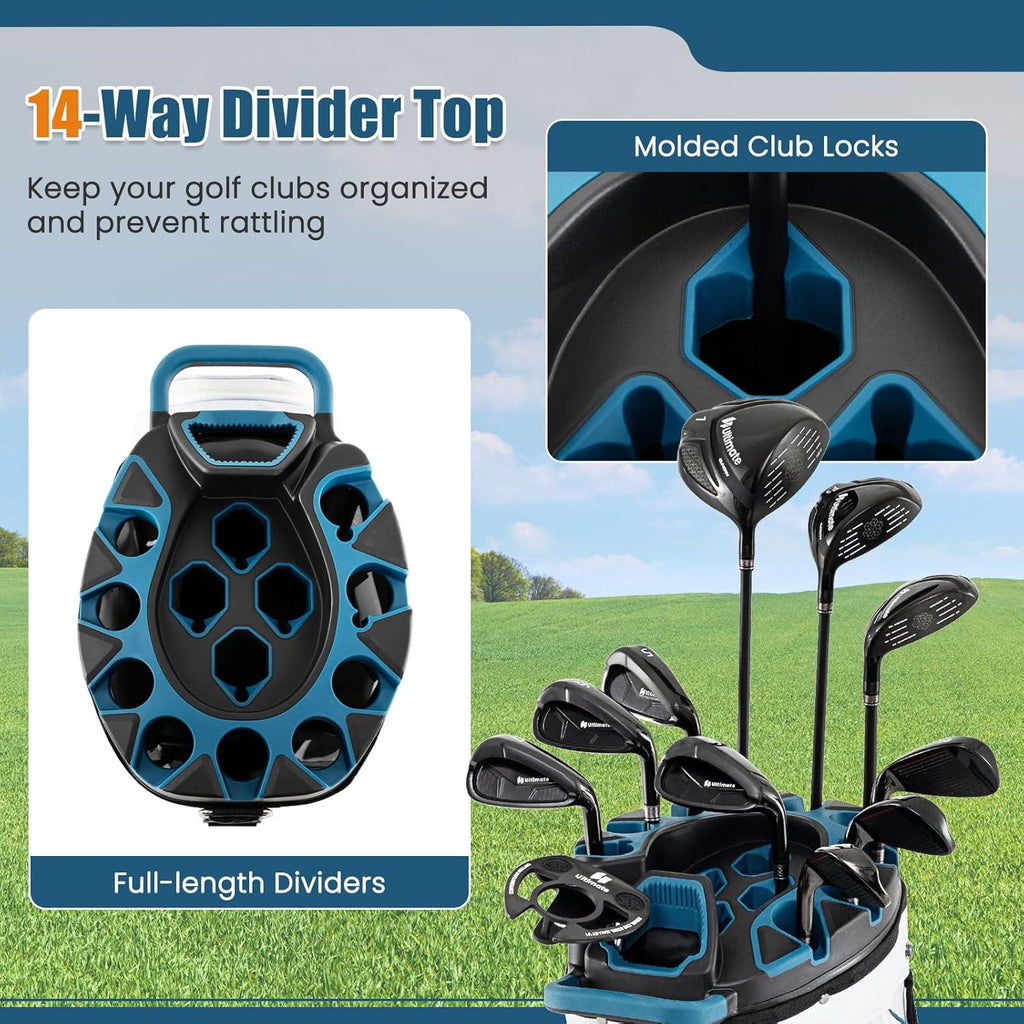 ULTIMATE 14-Way Golf Cart Bag, Golf Bag w/Molded Lock Top & Full Length Dividers, Portable Golf Club Bag w/11 Pockets, Cooler Bag, Padded Strap & Rain Hood for Men Women