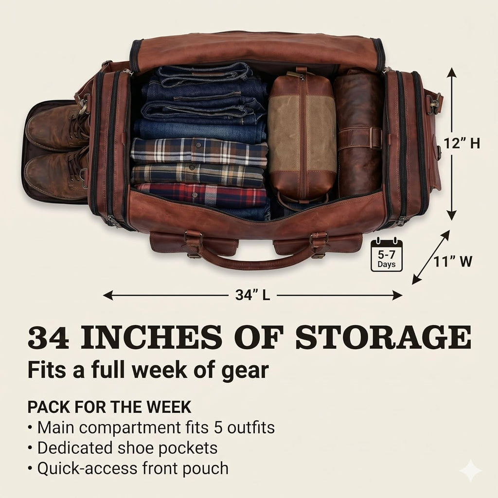 Leather Handmade Vintage Travel Luggage 32 Inch Leather Duffle Bag for Men and Women Gym Sports Bags Weekender Travel Overnight Carry On Duffel Bag Gift For Men (34 inch)