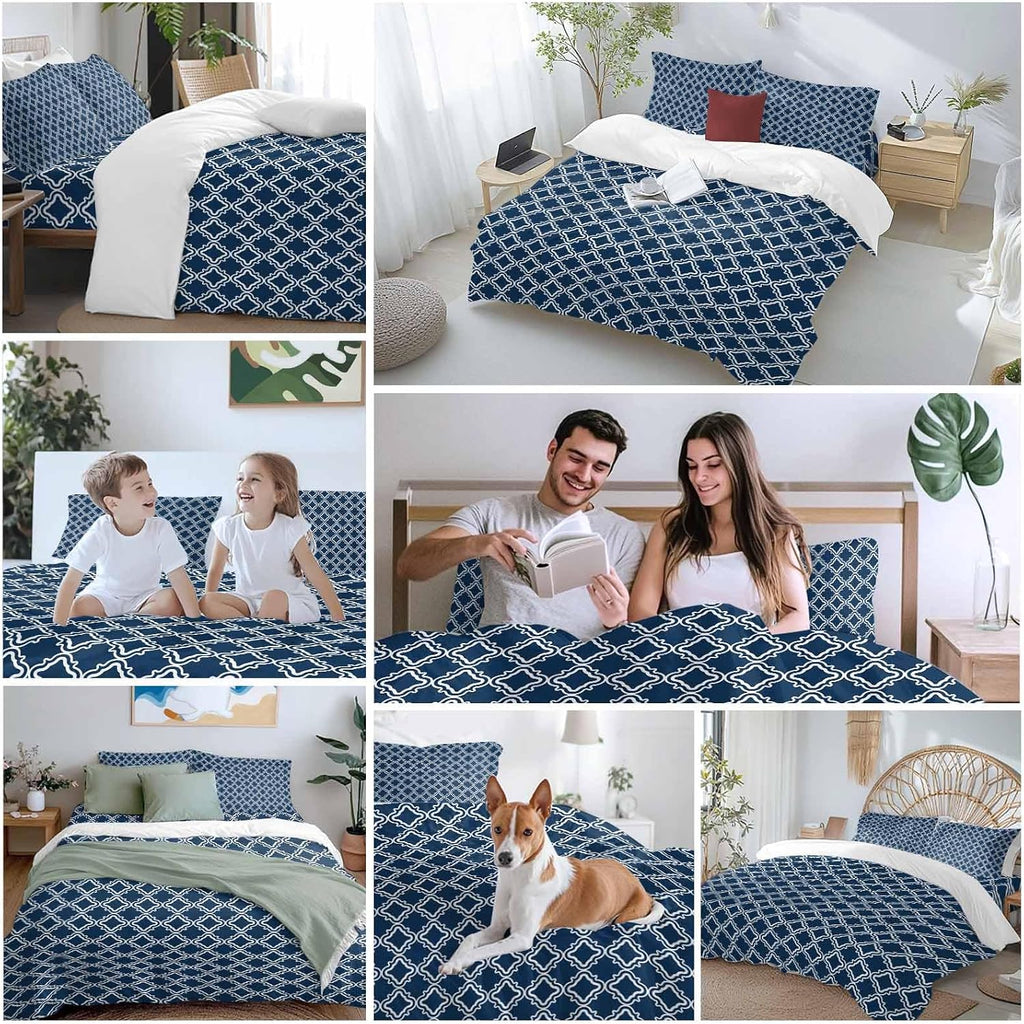 Prime Leader Blue White Plaid Duvet Cover Set Queen Size 4 Pieces Abstract Blue Morocco Texture Bedding Set with Zipper Closure, 1 Comforter Cover 90x92 Inches 1 Flat Sheet & 2 Pillow Cases