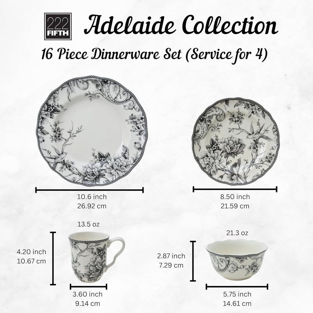 222 Fifth Adelaide 16-Piece Black Porcelain Dinnerware Set – Service for 4, Featuring Hand-Applied Romantic Woodland Bird Design, Everyday Big Dinner Plates and Bowls Sets, Microwave & Dishwasher Safe
