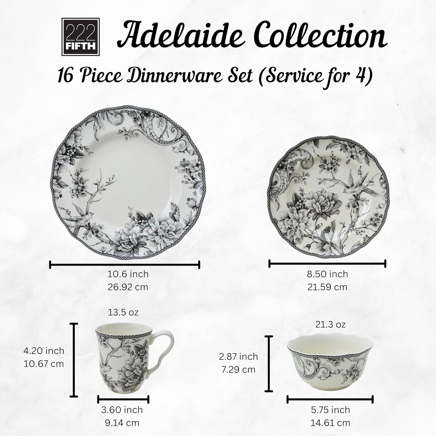 222 Fifth Adelaide 16-Piece Black Porcelain Dinnerware Set – Service for 4, Featuring Hand-Applied Romantic Woodland Bird Design, Everyday Big Dinner Plates and Bowls Sets, Microwave & Dishwasher Safe