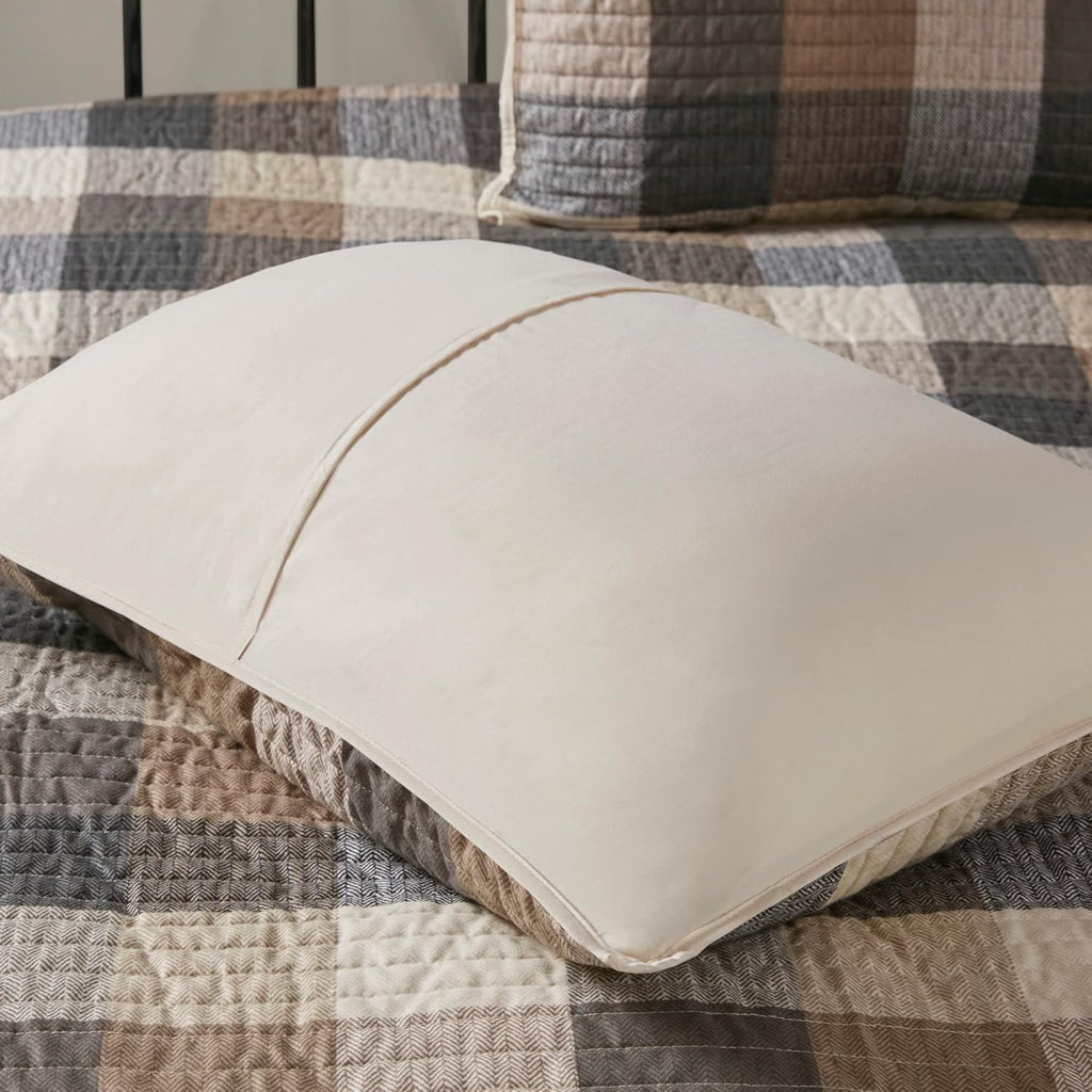 Madison Park Reversible Quilt Cabin Lifestyle Plaid Design - All Season, Breathable Coverlet Bedspread Bedding Set, Matching Shams, King/Cal King(104'x92'), Neutral 6 Piece