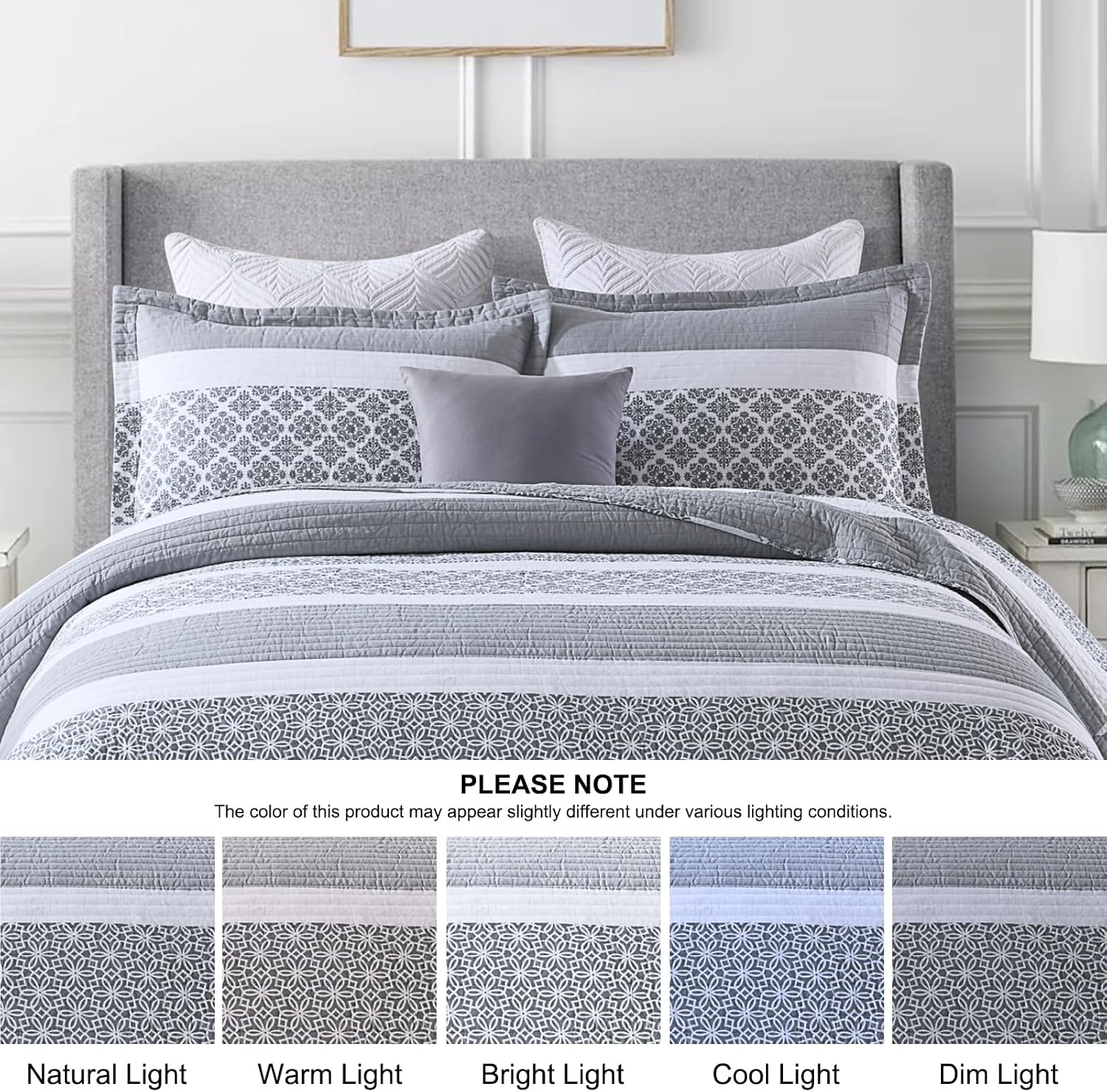 King Size Quilt Set - King Quilted Bedspread Sets, 100% Cotton Quilt, King Bed Spread Bedding Set, 3 Pieces Floral Striped Reversible Lightweight Comforter, Bluish Grey