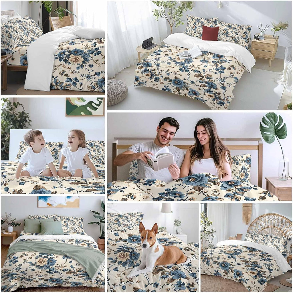 Vintage Floral Duvet Cover Set Queen Size 4 Pieces Beige Blue Brown Flowers Rustic Farmhouse Bedding Set with Zipper Closure, 1 Comforter Cover 92x106 Inches 1 Flat Sheet & 2 Pillow Cases