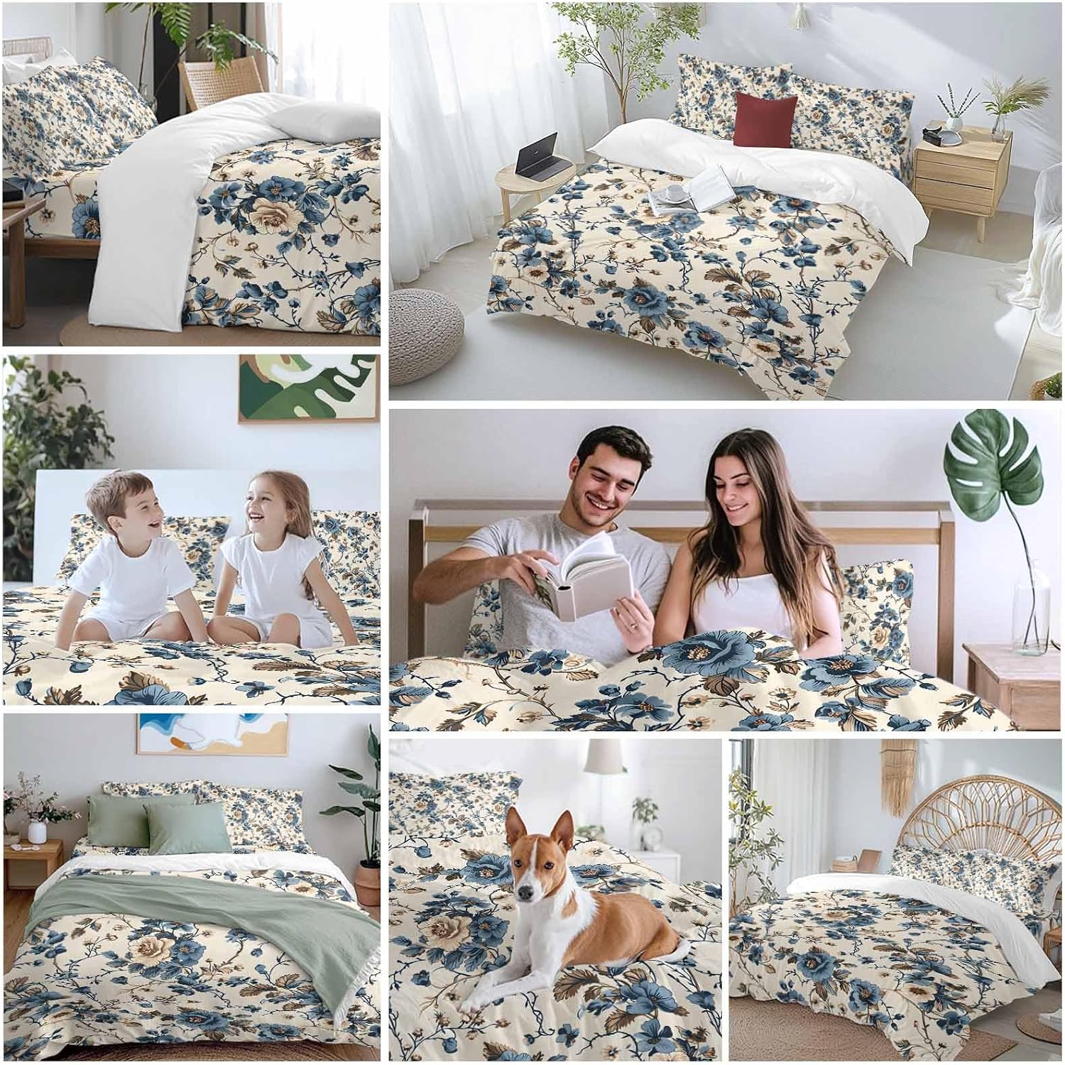 Vintage Floral Duvet Cover Set Queen Size 4 Pieces Beige Blue Brown Flowers Rustic Farmhouse Bedding Set with Zipper Closure, 1 Comforter Cover 92x106 Inches 1 Flat Sheet & 2 Pillow Cases