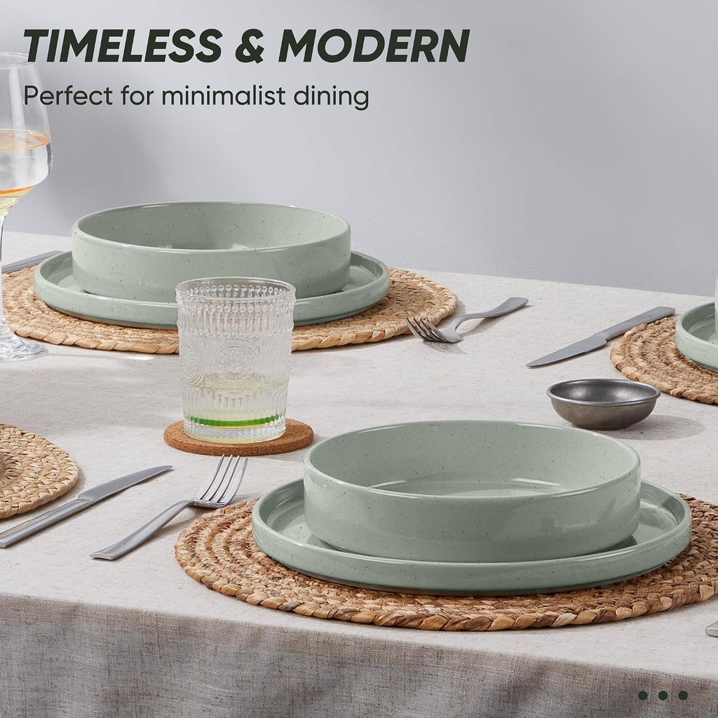 E-far Dinnerware Sets with Pasta Bowls, 24-Piece Stoneware Plates and Bowls Sets for 6 | Microwave & Dishwasher Safe Kitchen Modern Dish Set, Speckled Green