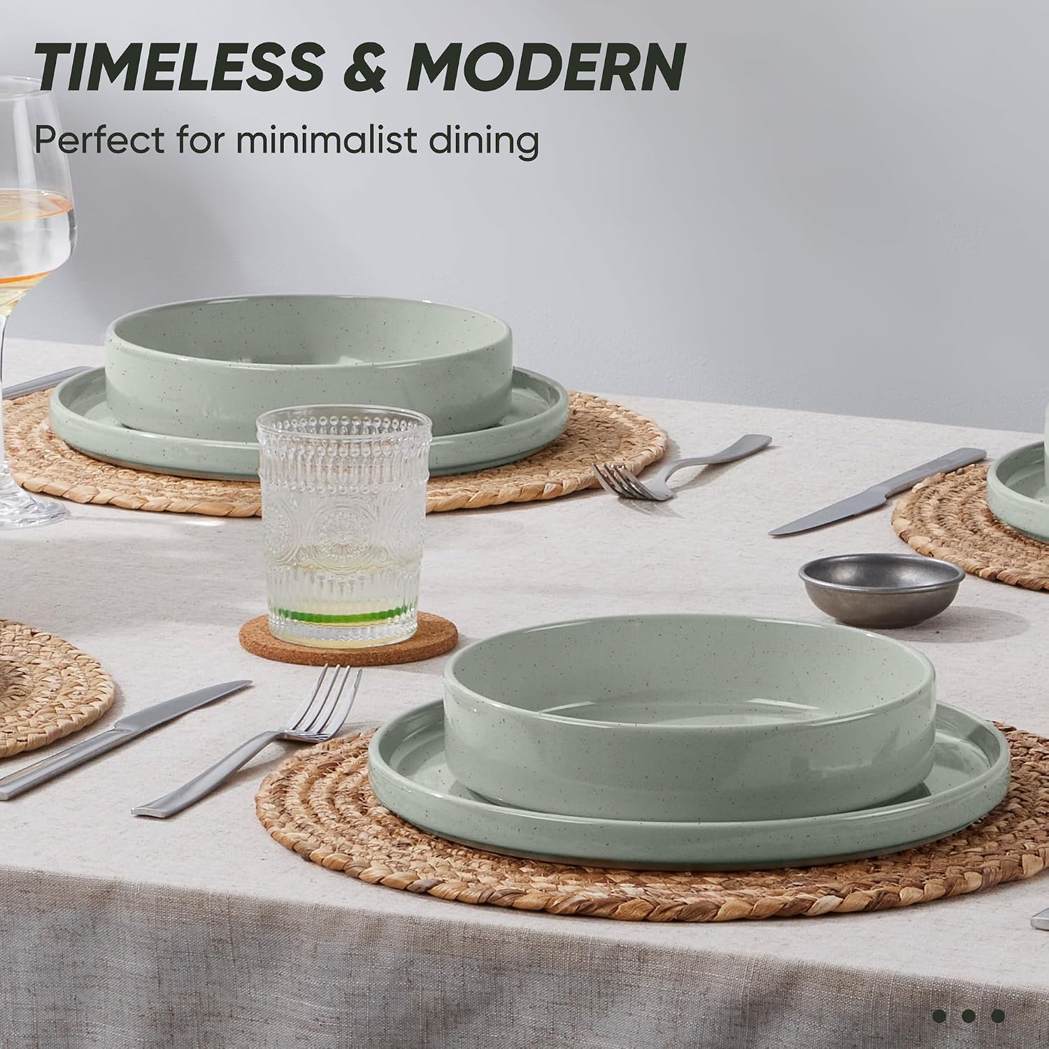 E-far Dinnerware Sets with Pasta Bowls, 24-Piece Stoneware Plates and Bowls Sets for 6 | Microwave & Dishwasher Safe Kitchen Modern Dish Set, Speckled Green