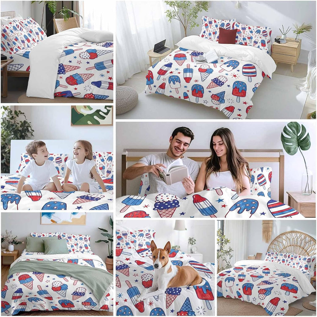 Prime Leader Red Blue Ice Cream Duvet Cover Set Queen Size 4 Pieces Independence Day Retro Ice Cream Bedding Set with Zipper Closure, 1 Comforter Cover 86x86 Inches 1 Flat Sheet & 2 Pillow Cases