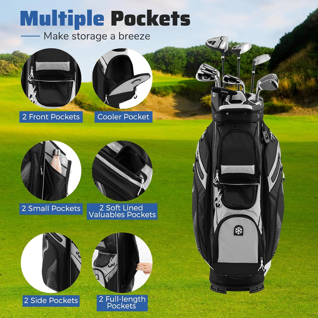 Goplus Lightweight Golf Cart Bag, Molded Lock Top Golf Club Bag w/14-Way Full Length Organizer Dividers, 11 Pockets, Cooler Bag, Straps, Umbrella Holder & Rain Hood for Men Women