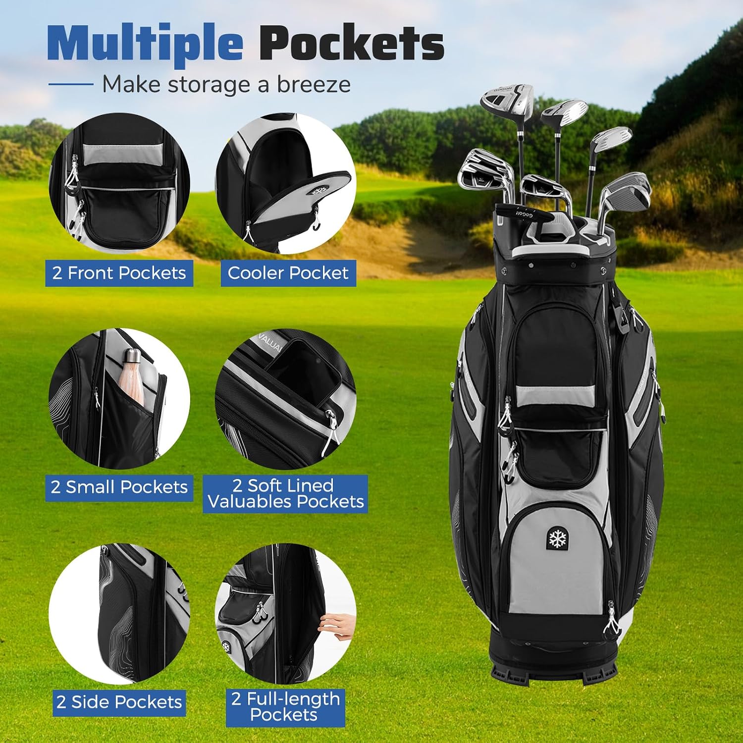 Goplus Lightweight Golf Cart Bag, Molded Lock Top Golf Club Bag w/14-Way Full Length Organizer Dividers, 11 Pockets, Cooler Bag, Straps, Umbrella Holder & Rain Hood for Men Women