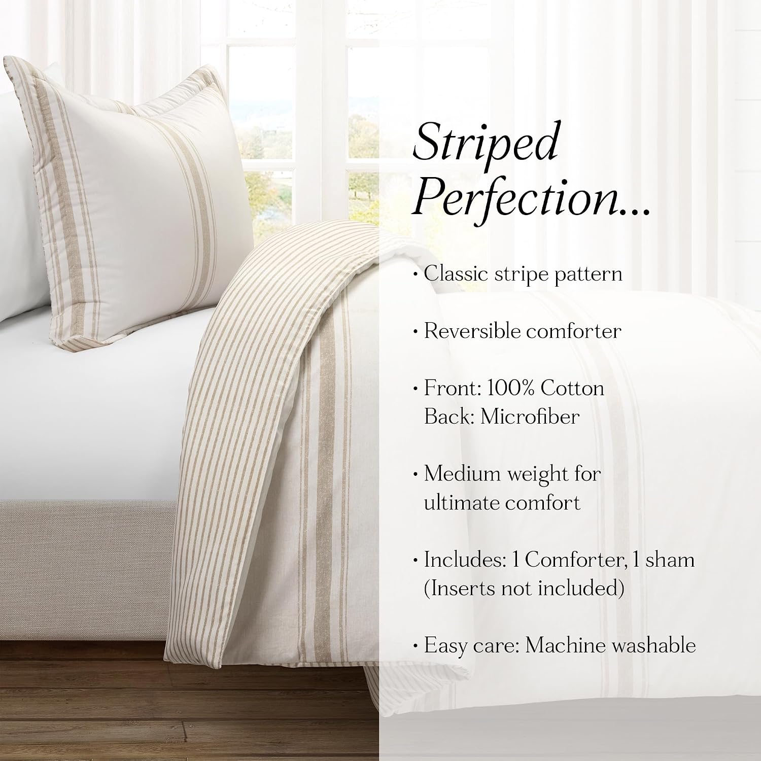 Lush Decor Farmhouse Stripe Reversible Cotton Comforter Set, 2-Piece, Twin XL Neutral - Twin Bedding Set - Dorm Decor - Striped Comforter for Farmhouse Bedroom Decor