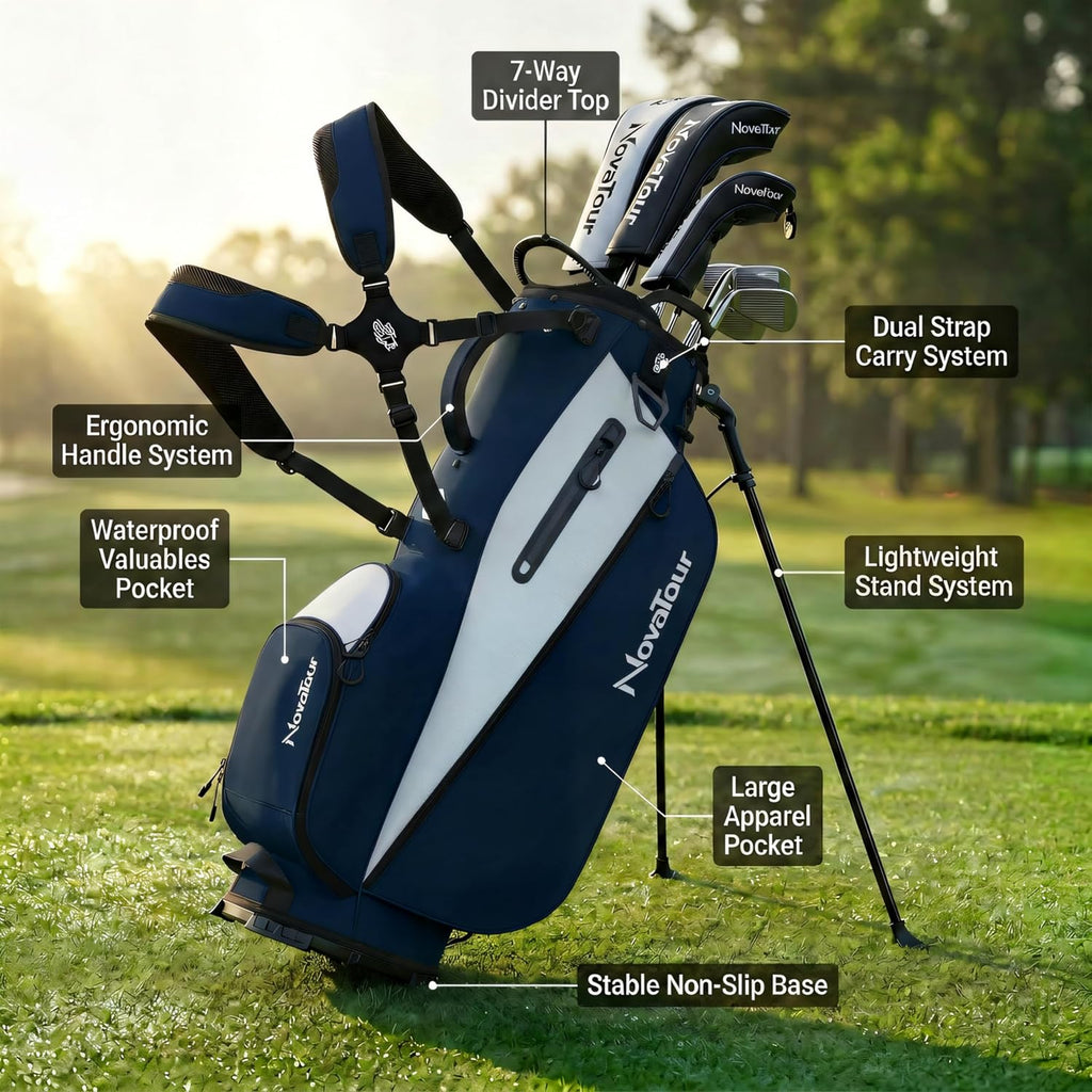 Golf Stand Bag - Lightweight Golf Bag with Stand and 7 Way Dividers, Dual Strap, Waterproof Pocket, Insulated Sleeve, Easy-Lift Handles and Swing-Cam Holder