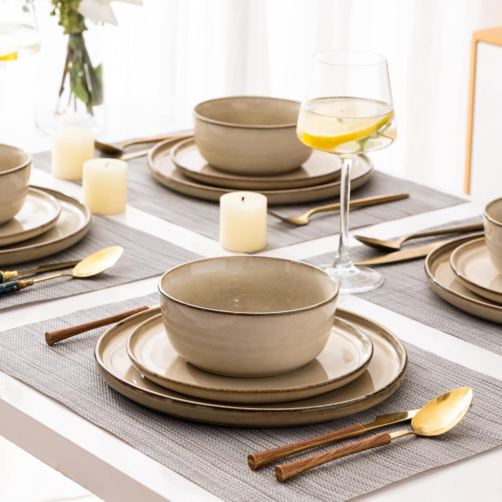 GBHOME 32 Pieces Double Bowls Ceramic Dinnerware Sets for 8, Stoneware Plates and Bowls Set with Reactive Glaze, Scratch Resistant Stoneware Dishes Set, Dishwasher & Microwave Safe