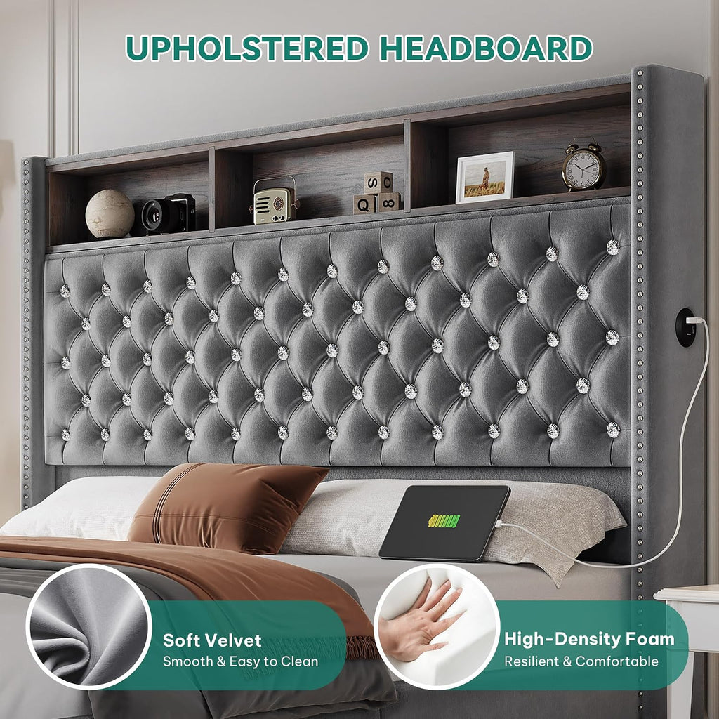YITAHOME Queen Size Bed Frame with 58' Tall Headboard, Storage Headboard Bed with USB Charging Stations, Type-C Port, Velvet Upholstered Beds with Deep Button Tufted, No Box Spring Needed, Grey