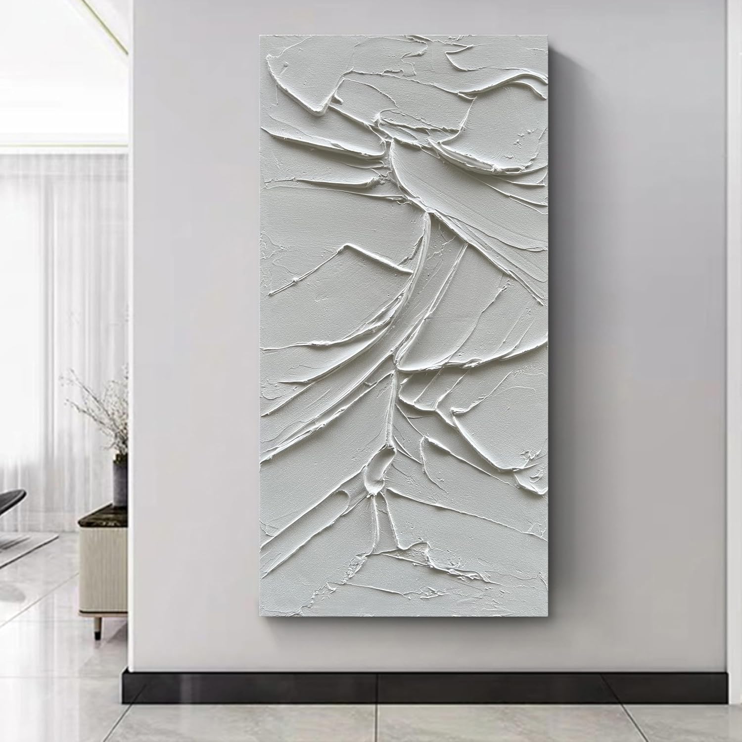 NANKAI Art Hand Painted White Canvas Wall Art 48x24 inch Abstract Modern Oil Painting Contemporary Textured Wall Art Minimalist Artwork Home Decor