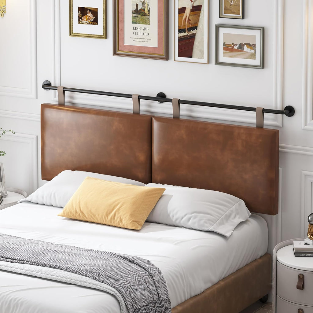 King Headboard, Wall Mounted Hanging Upholstered Soft Bed Head Board with Modern Design Faux Leather Headboards Ideal for Bedroom (Brown Leather, King
