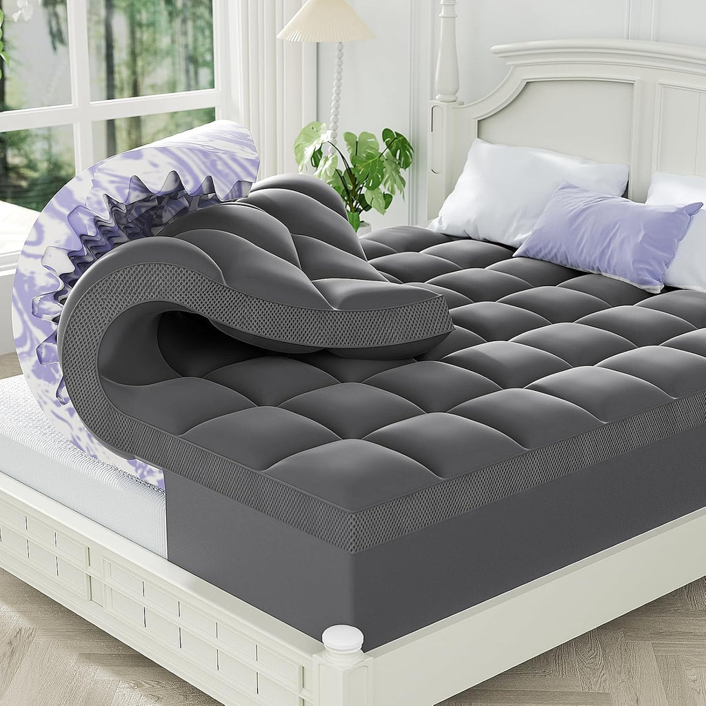 ChiXpace Dual Layer 5 Inch Memory Foam Mattress Topper Queen - 3 Inch Pillow Top Mattress Pad and 2 Inch Gel Memory Foam, 7-Zone Egg Crate Queen Size Mattress Topper (Gray)