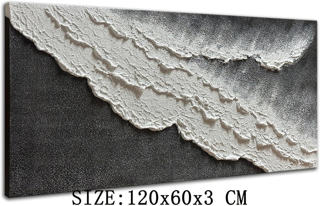 zoinart Hand Painted Large Textured Wall Art, 60x30 Inches Abstract Modern Ocean Wave Paintings, Black and White Beach Wall Art for Living Room Bedroom Wall Decor
