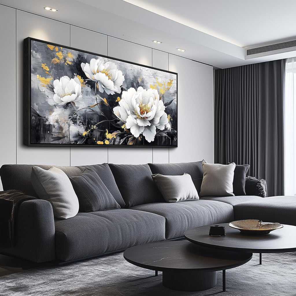 PHAOHUAXM Large Framed Canvas Wall Decor For Living Room Wall Art For Bedroom Modern Abstract Painting Ink-Wash White Flowers With Black Frames Dining Room Home Decor Print Artwork Posters 30'X60'