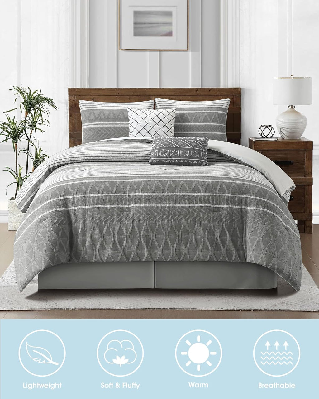 LANCO MODERN LIFESTYLE Cotton Comforter Set California King, Gorgeous Geometric Jacquard, Grey Soft Lightweight Bedding Set for All Seasons, 6 Pieces Bedskirt, Pillow Shams and Decor Pillows