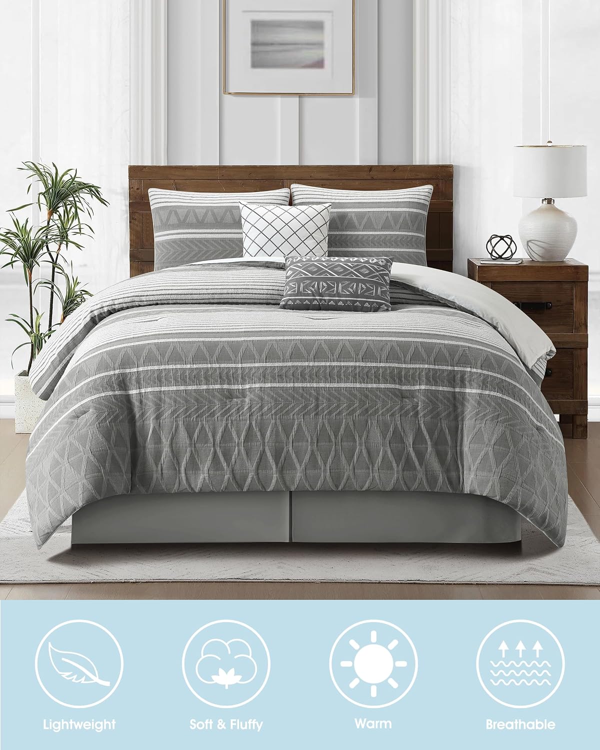 LANCO MODERN LIFESTYLE Cotton Comforter Set California King, Gorgeous Geometric Jacquard, Grey Soft Lightweight Bedding Set for All Seasons, 6 Pieces Bedskirt, Pillow Shams and Decor Pillows