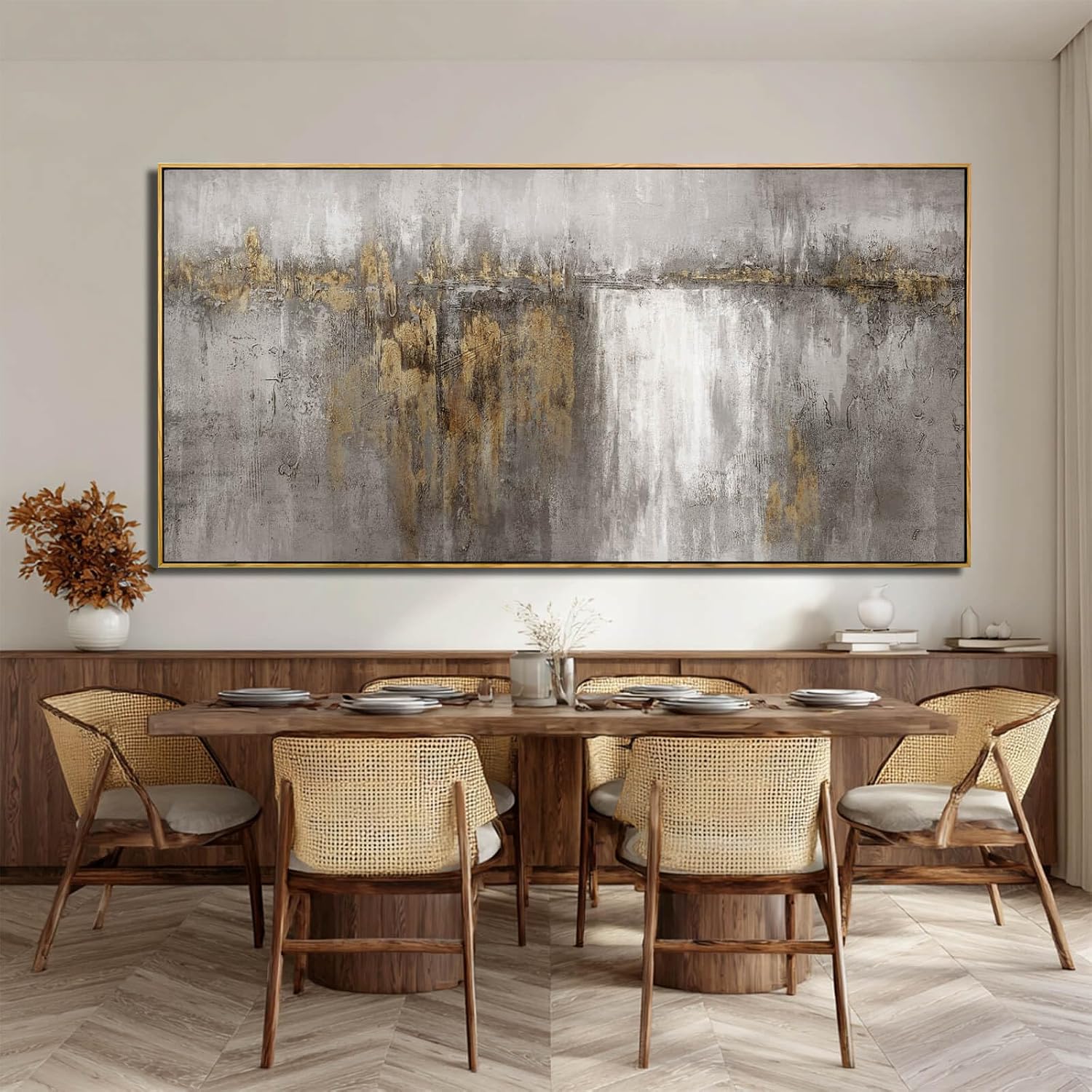 Neutral Canvas Arts Gold Wall Art Decor Framed Abstract Pictures Grey Prints Artwork for Living Room Bedroom Dining Room Home Office Decor 29'x58'