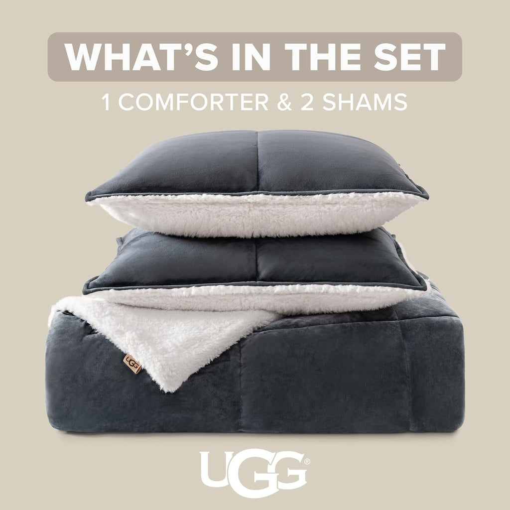 UGG Blissful Queen Comforter Set with 2 Pillow Shams, Reversible Fleece Bed Comforter, Ultra Warm Winter Bed Set, Down Alternative Bedding, Full/Queen Size, Imperial Blue