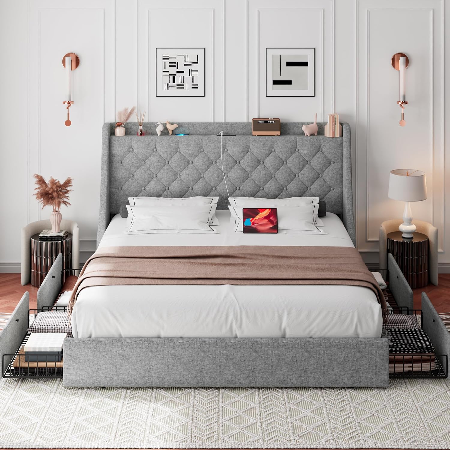 iPormis Queen Bed Frame with 4 Storage Drawers, Upholstered Platform Bed Frame with Type-C & USB Ports, Wingback Storage Headboard, Solid Wood Slats, No Box Spring Needed, Light Gray