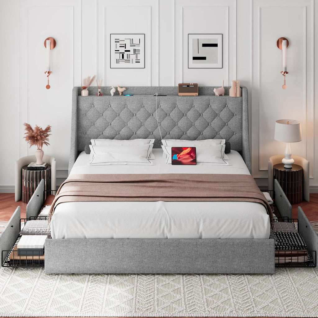 iPormis King Size Bed Frame with 4 Storage Drawers, Upholstered Platform Bed Frame with Type-C & USB Ports, Wingback Storage Headboard, Solid Wood Slats, No Box Spring Needed, Light Gray