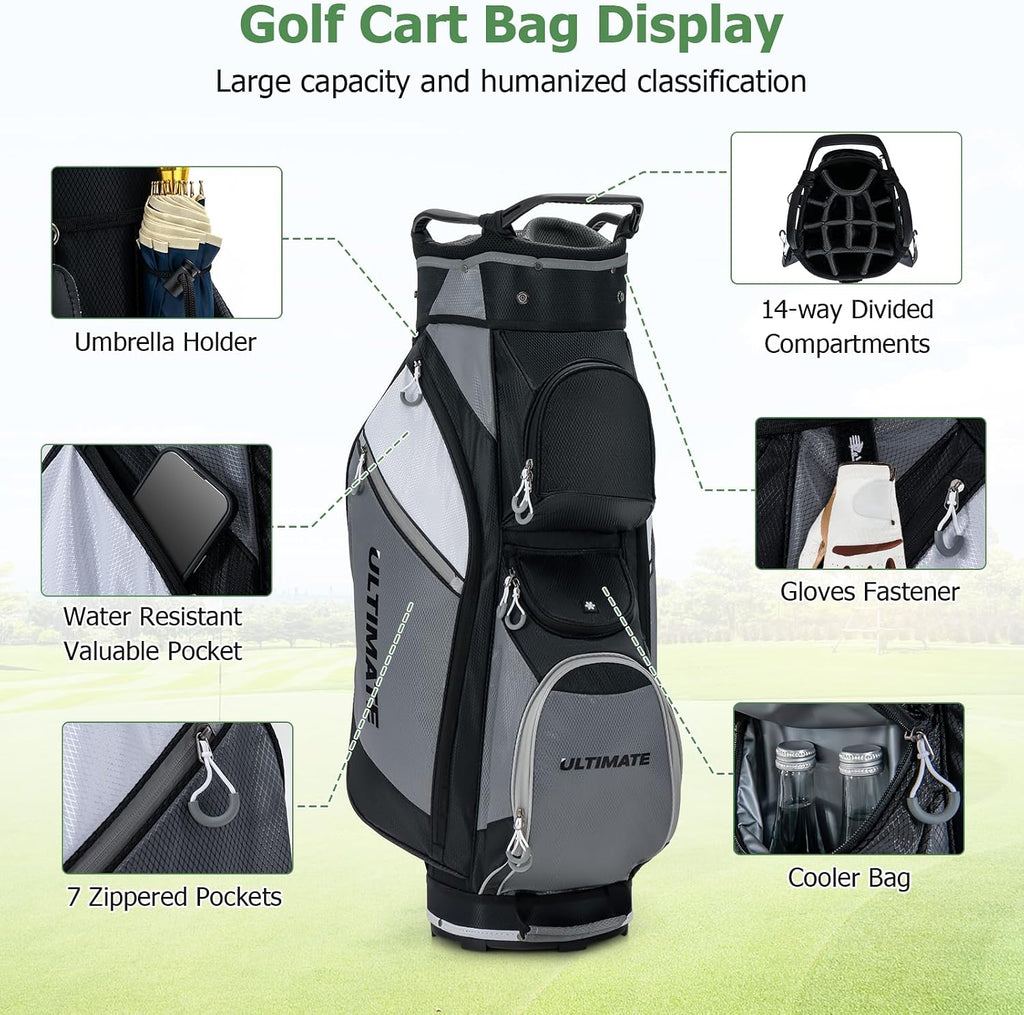 Tangkula Golf Cart Bag, Lightweight Golf Club Bag with 14-Way Dividers Top & Cooler Bag, Waterproof Valuable Pocket, Rain Hood, Carry Handles and Shoulder Strap, Golf Club Cart Bag for Men & Women