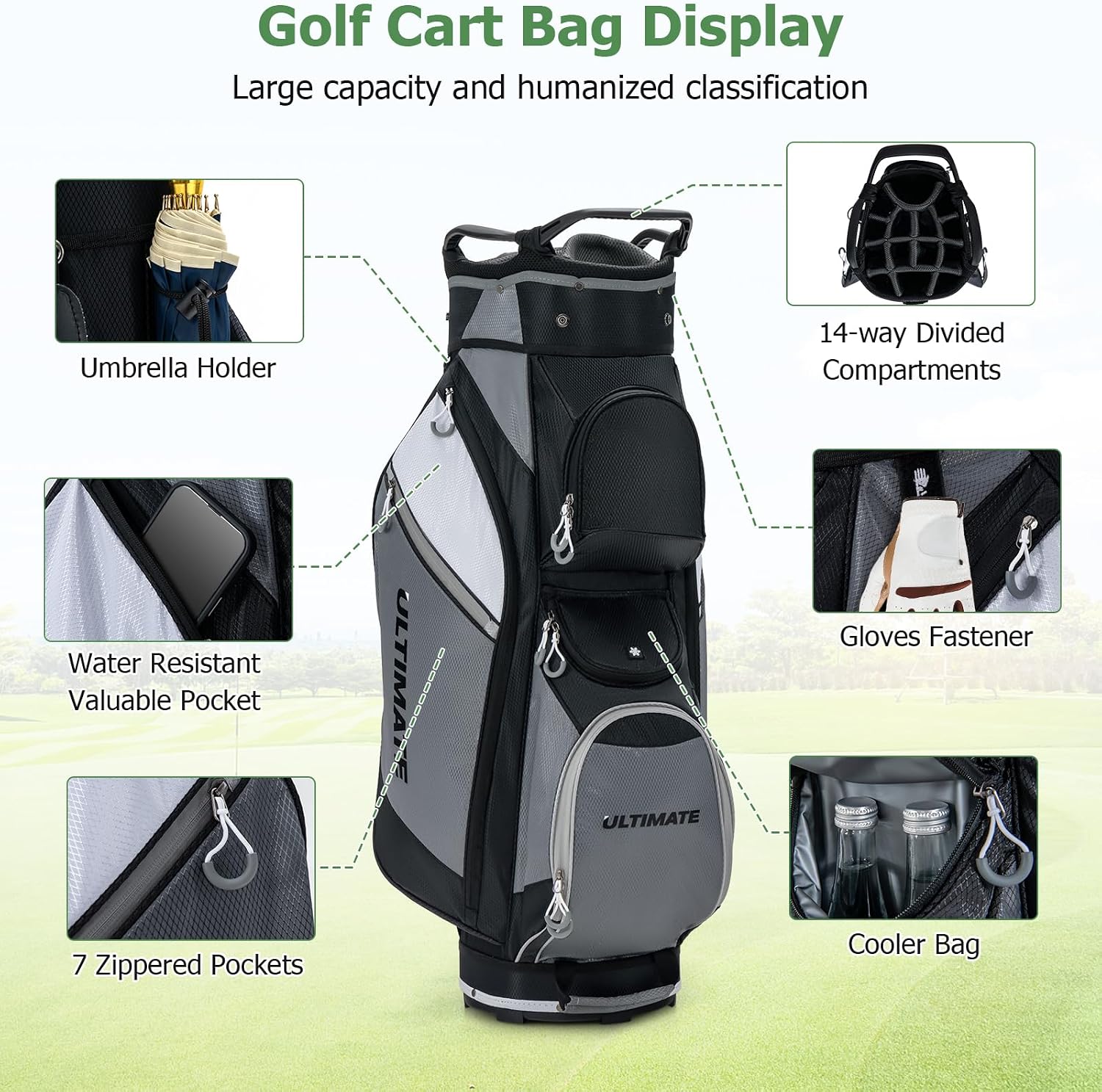Tangkula Golf Cart Bag, Lightweight Golf Club Bag with 14-Way Dividers Top & Cooler Bag, Waterproof Valuable Pocket, Rain Hood, Carry Handles and Shoulder Strap, Golf Club Cart Bag for Men & Women