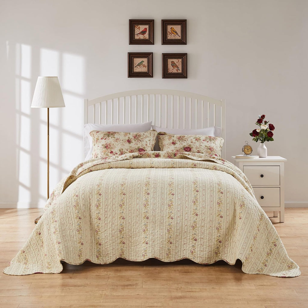 Greenland Home Antique Rose Jumbo Oversized 100% Cotton Bedding Set, Bedspread 120 W x 118 L with 2 Shams 20 W x 26 L Each, King (3 Piece), Ecru