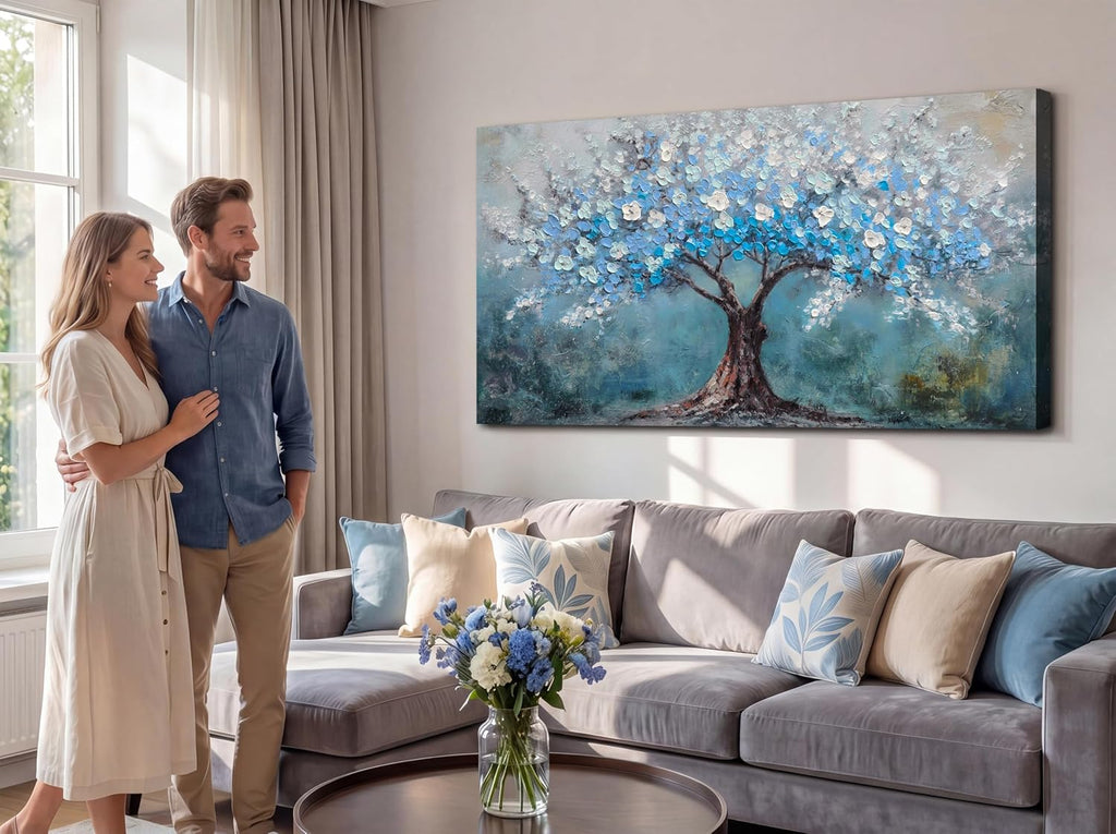 Acocifi Blue Tree of Life Canvas Wall Art for Living Room, Textured Painting 58'x29', Nature Landscape Tree Picture Extra Large Artwork Framed for Bedroom Office Home Wall Decor
