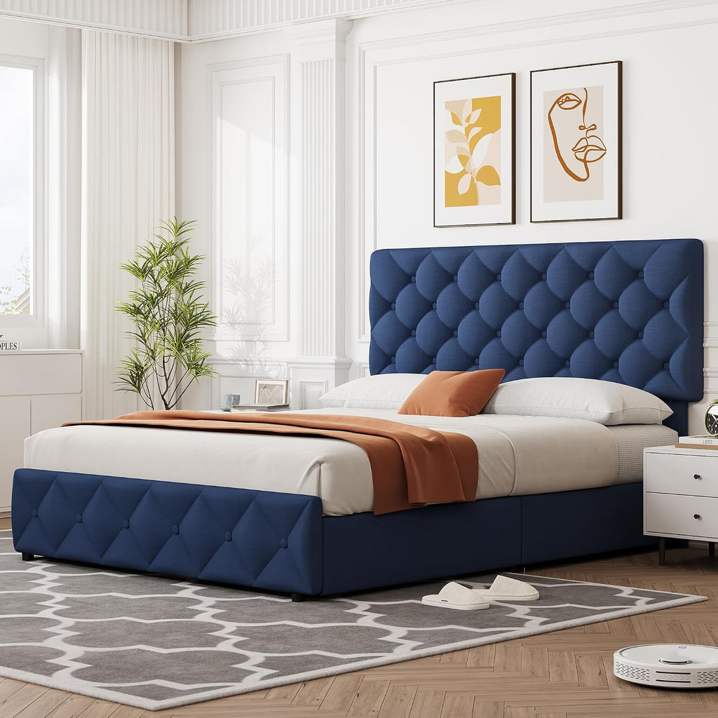 IDEALHOUSE Queen Size Bed Frame with 4 Storage Drawers and Adjustable Headboard, Linen Upholstered Platform Beds, Diamond Stitched Button Tufted, No Box Spring Needed, Blue