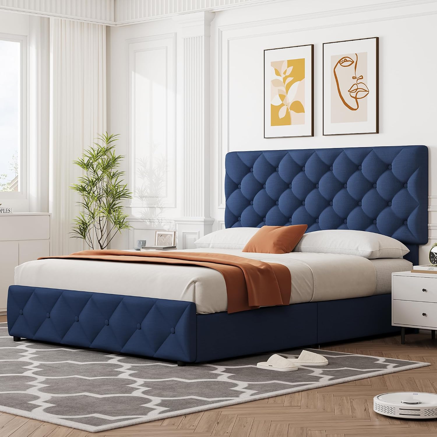 IDEALHOUSE Queen Size Bed Frame with 4 Storage Drawers and Adjustable Headboard, Linen Upholstered Platform Beds, Diamond Stitched Button Tufted, No Box Spring Needed, Blue