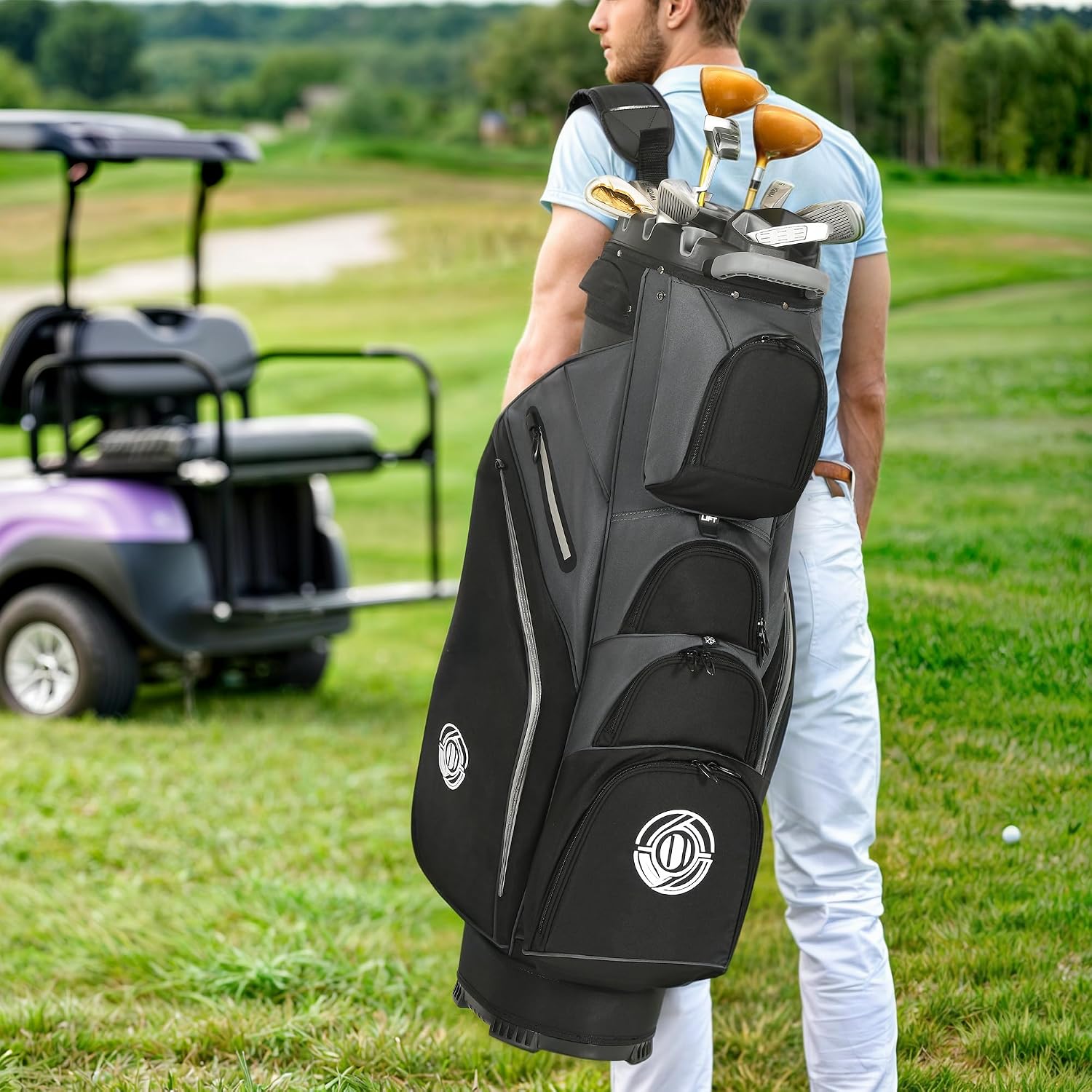 Shopsource Golf Cart Bag, 14 Way Molded Lock Top Club Bag with Full-Length Dividers, Upgrade 900D Oxford Silence Cart Bags for Men with Handles Ergonomic Strap, Stable Base