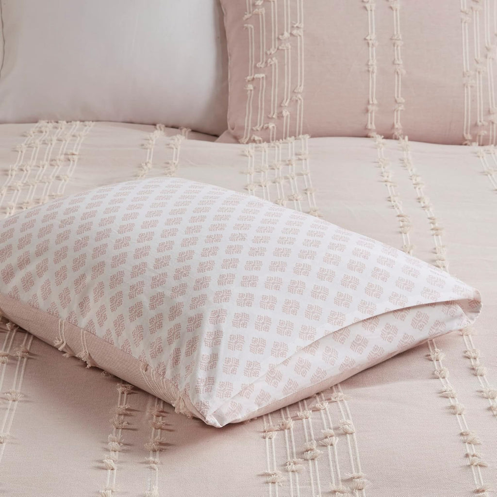 INK+IVY Kara 100% Cotton Duvet Mid Century Modern Design, All Season Comforter Cover Bedding Set, Matching Shams, Full/Queen, Jacquard Stripes Blush 3 Piece