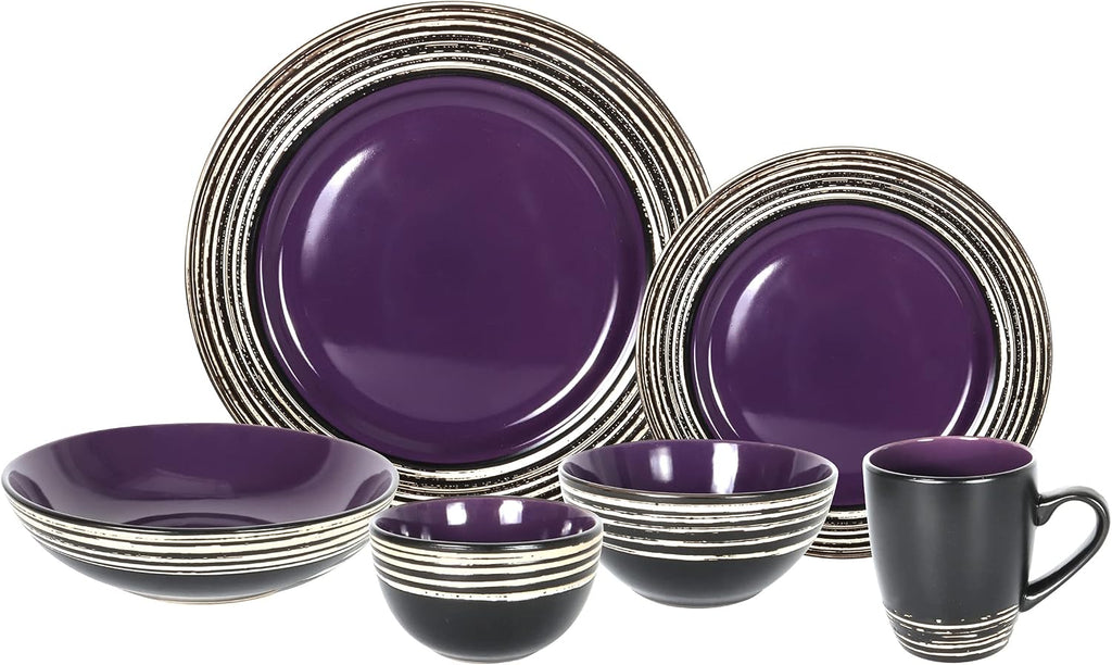48 Piece Dinnerware Set, Ceramic Plates and Bowls Sets for 8, Microwave and Dishwasher Safe, Handcrafted Tree Bark Series Dish Set, Lavender/Purple