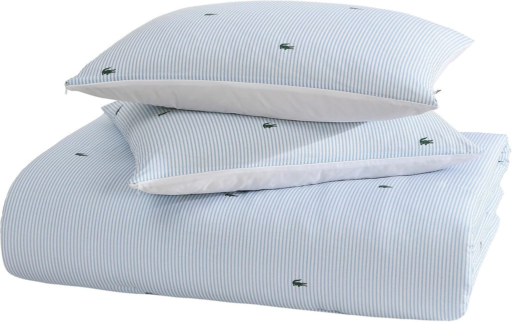 Lacoste Pinstripe Croc Comforter Set, 100% Percale Cotton 180TC, Breathable All Season Bedding with Embroidered Crocodile Logo, Blue, King