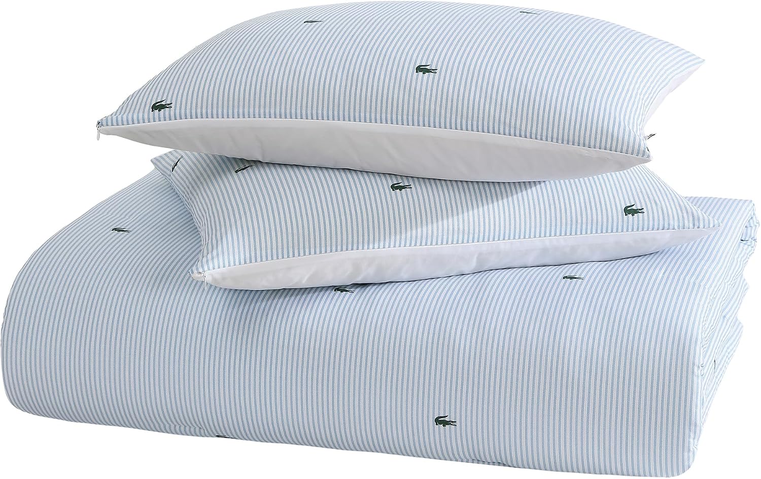 Lacoste Pinstripe Croc Comforter Set, 100% Percale Cotton 180TC, Breathable All Season Bedding with Embroidered Crocodile Logo, Blue, King