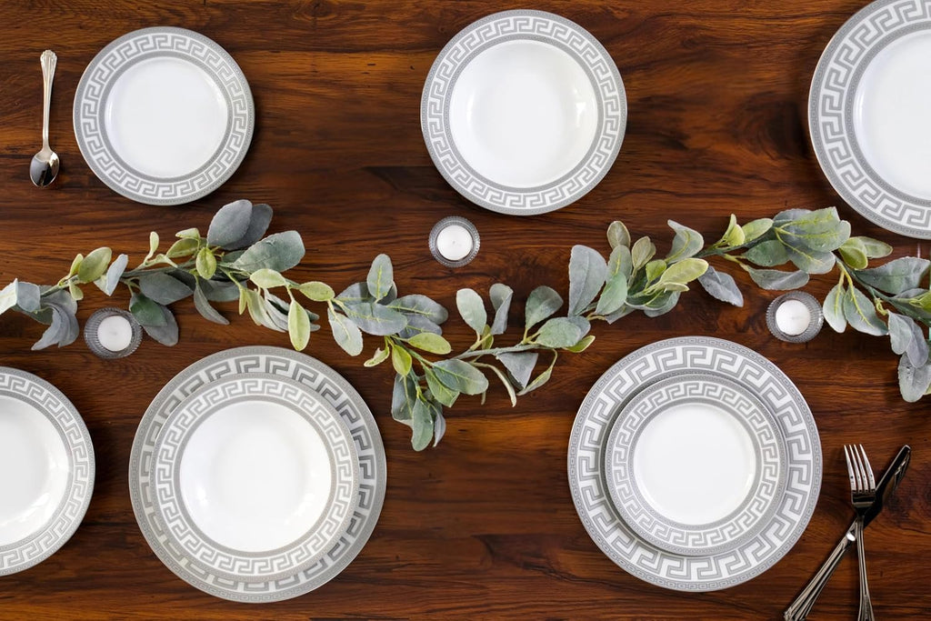 Dinnerware Set for 8-57 Pieces White and Silver Greek Key Design - Vintage Porcelain Plates, Bowls, Cups and Saucers - For Everyday Use and Special Occasions (Meander Silver 2057)