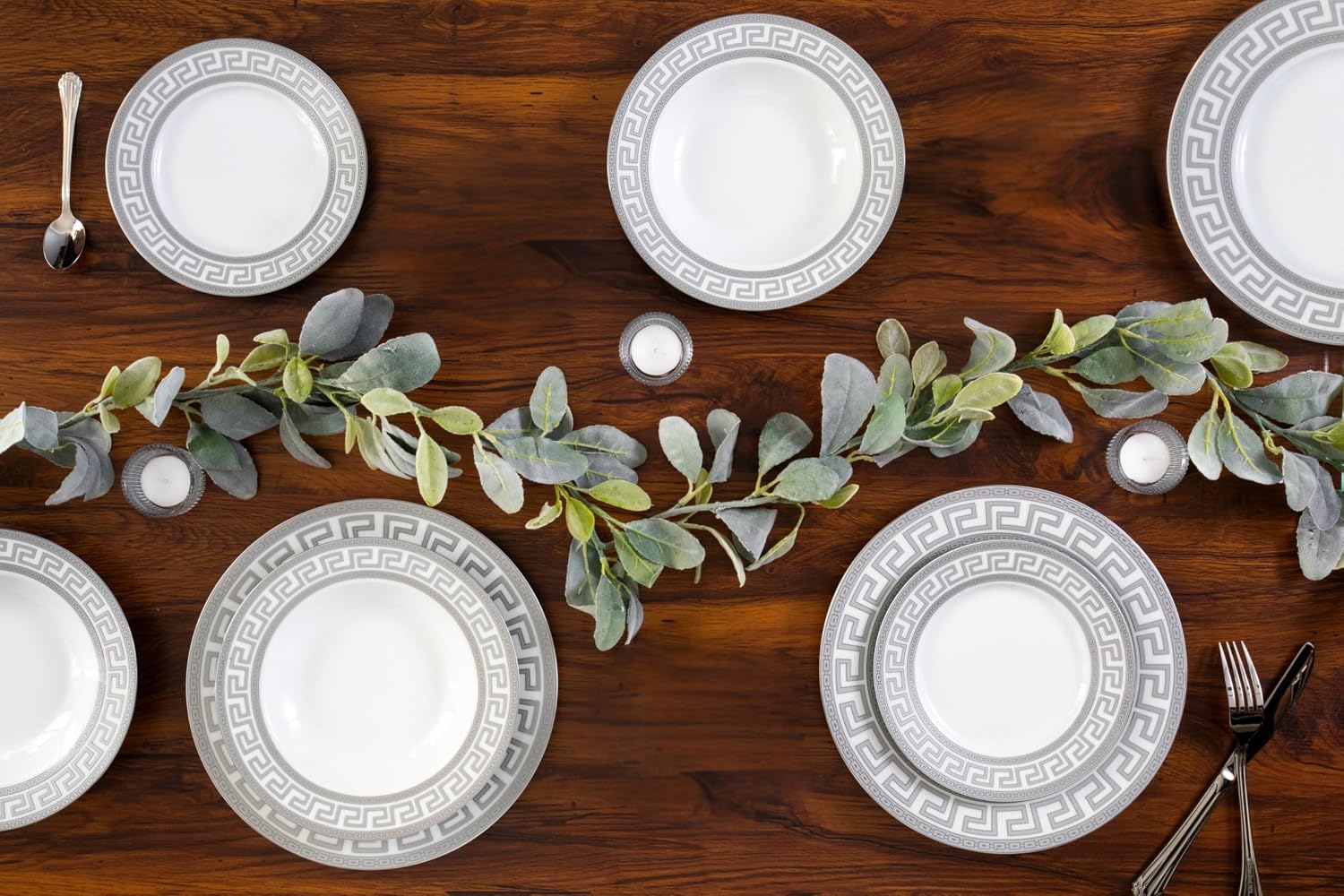 Dinnerware Set for 8-57 Pieces White and Silver Greek Key Design - Vintage Porcelain Plates, Bowls, Cups and Saucers - For Everyday Use and Special Occasions (Meander Silver 2057)