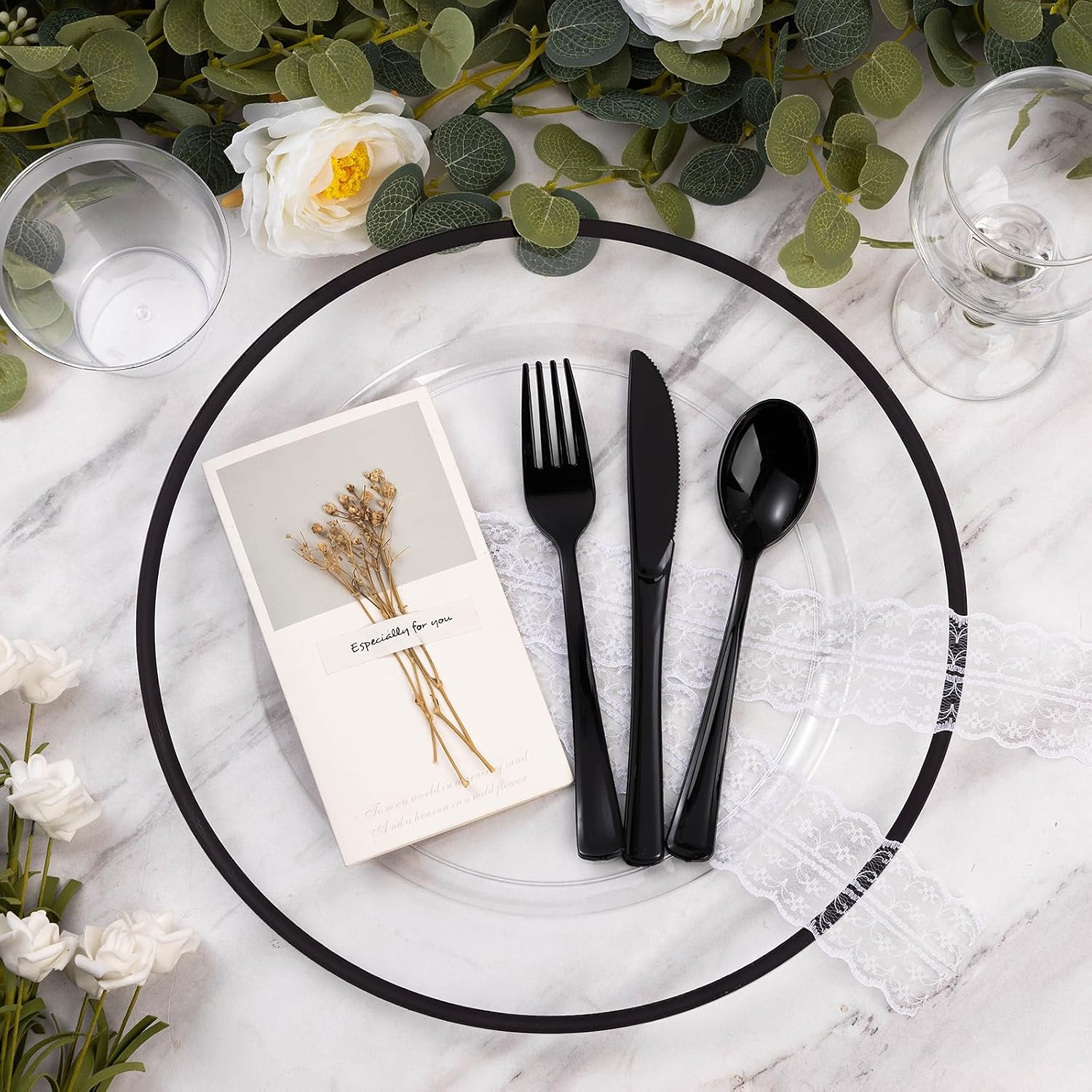 Goodluck 12 Inch Disposable Charger Plates Plastic, 100 Pack Plastic Clear Charger with Black Rim for Dinner, Wedding, Party