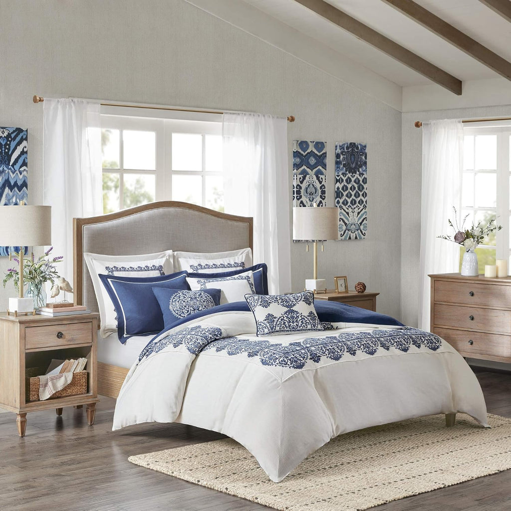 Madison Park Signature Cozy Comforter Set - All Season Bedding Combo Filled Insert and Removable Duvet Cover, Shams, Decorative Pillows, Queen (92 in x 96 in), Bohemian Blue 9 Piece