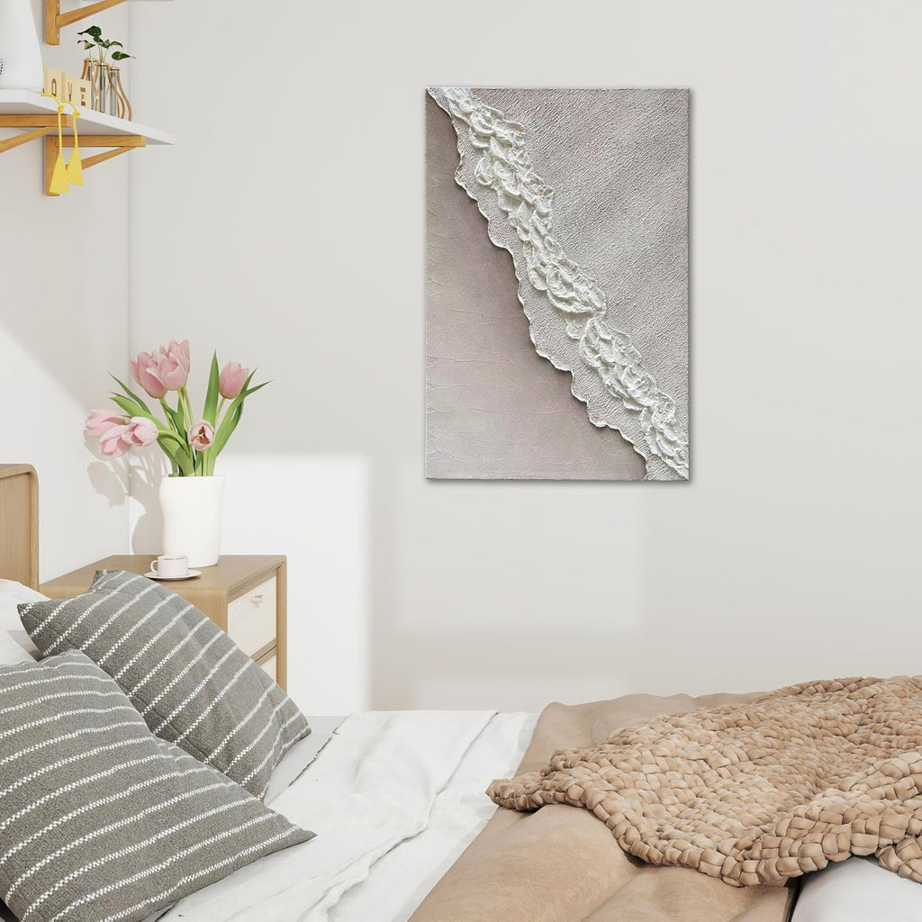 Art Hand-Painted Beach Wave Landscape Art Oil Painting with White Texture Abstract Style for Home Wall Decoration. 40x28 inches