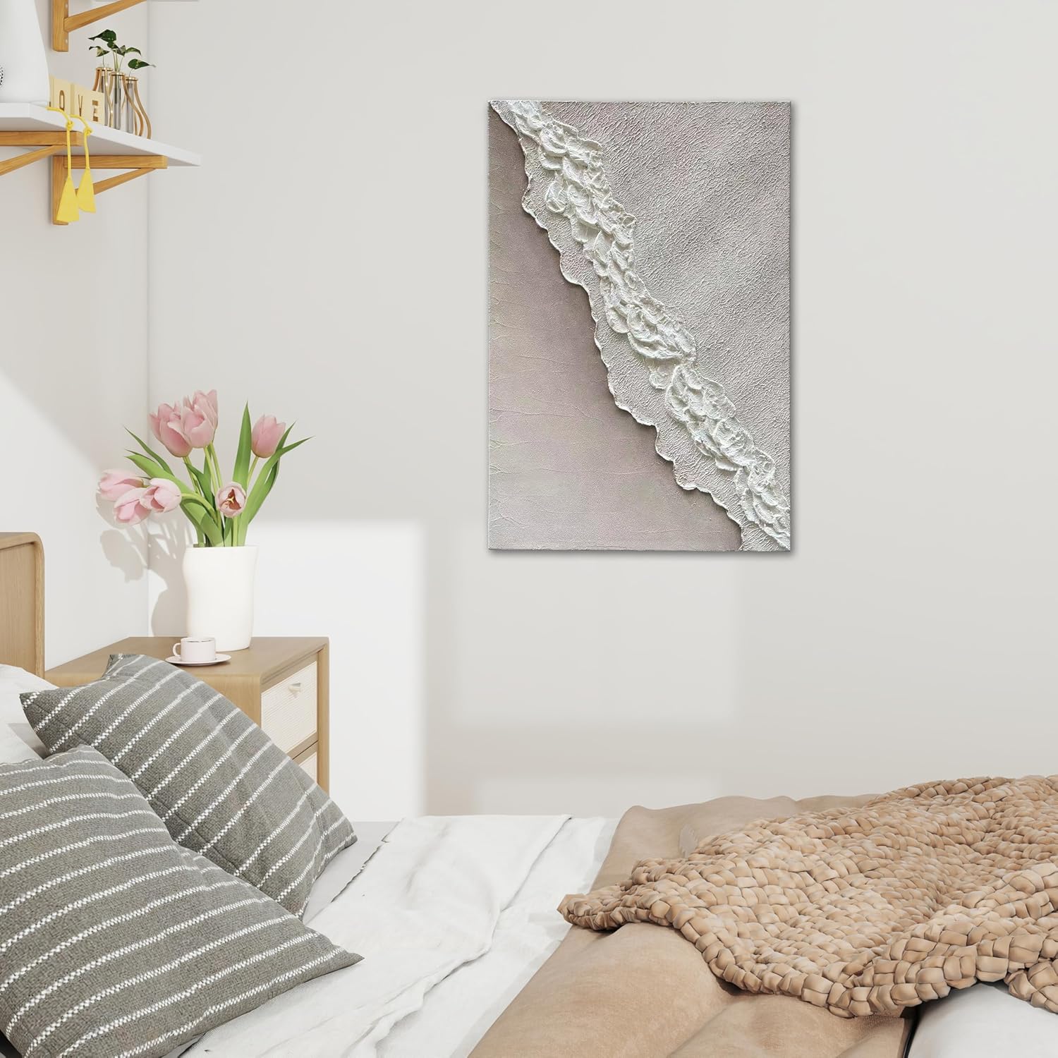 Art Hand-Painted Beach Wave Landscape Art Oil Painting with White Texture Abstract Style for Home Wall Decoration. 40x28 inches