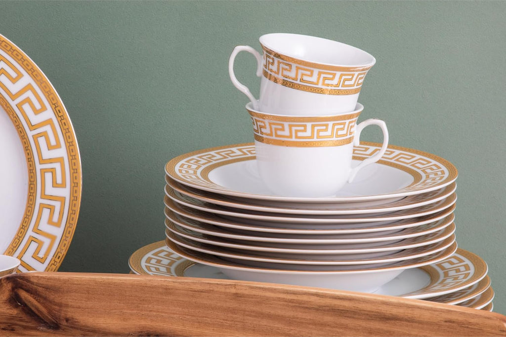 Vintage Dinnerware Set for 8-57 Piece Porcelain Dining Set - Gorgeous White and Gold Greek Key Design - Plates, Bowls, Cups and Saucers - For Everyday Use and Special Events (Meander Gold 2057)