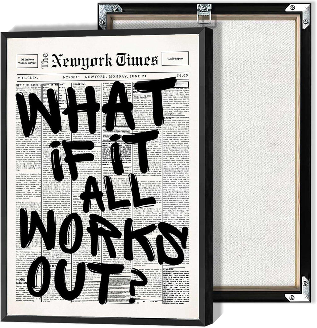 Retro Black And White Newspaper Poster What If It All Works Out Canvas Wall Art Positive Affirming Quote Minimalist Prints Painting For Home Bedroom Dorm Wall Decor 24x36in Framed