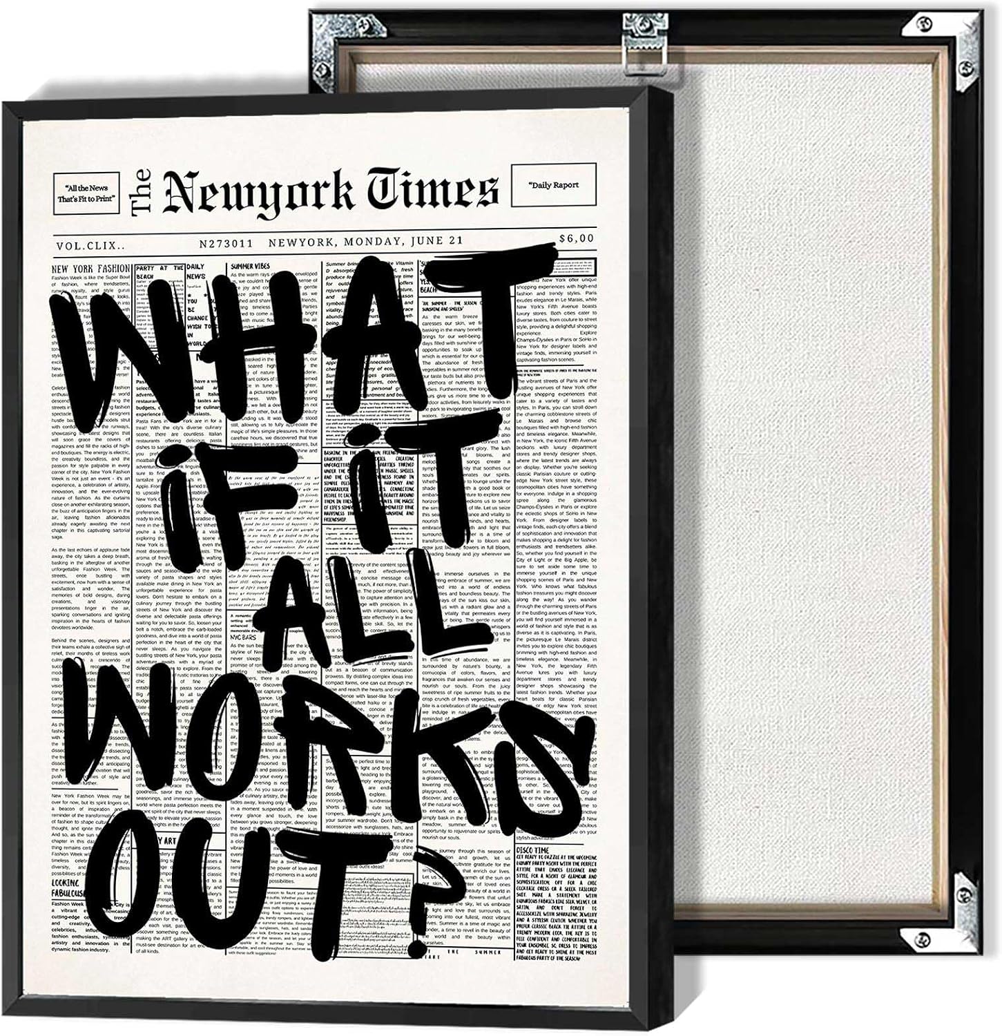 Retro Black And White Newspaper Poster What If It All Works Out Canvas Wall Art Positive Affirming Quote Minimalist Prints Painting For Home Bedroom Dorm Wall Decor 24x36in Framed